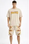 Erkek Bej Oversize Baskılı Tişört Şort Takım Cepli Şort Yazlık Rahat Günlük Kombin - Bej