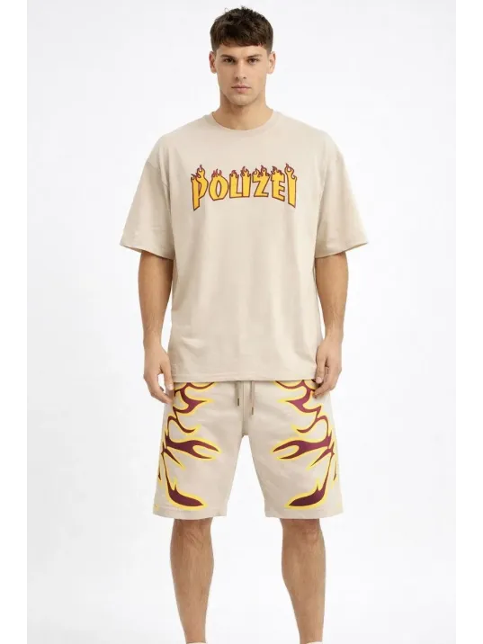 Erkek Bej Oversize Baskılı Tişört Şort Takım Cepli Şort Yazlık Rahat Günlük Kombin - Bej