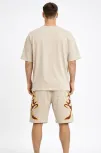 Erkek Bej Oversize Baskılı Tişört Şort Takım Cepli Şort Yazlık Rahat Günlük Kombin - Bej