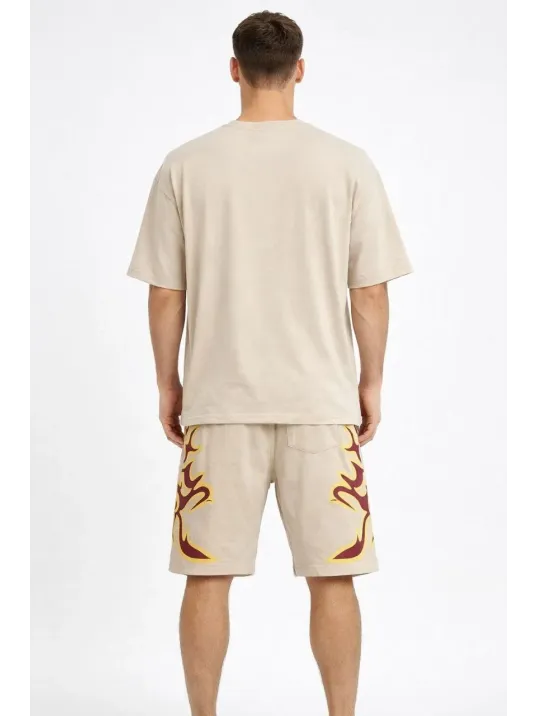 Erkek Bej Oversize Baskılı Tişört Şort Takım Cepli Şort Yazlık Rahat Günlük Kombin - Bej