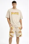 Erkek Bej Oversize Baskılı Tişört Şort Takım Cepli Şort Yazlık Rahat Günlük Kombin - Bej