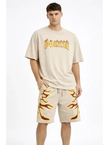 Erkek Bej Oversize Baskılı Tişört Şort Takım Cepli Şort Yazlık Rahat Günlük Kombin - Bej