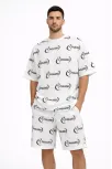 Erkek Oversize Ön Ve Arka Baskılı Tişört Şort Takım Rahat Kalıp Yazlık Günlük Kombin - Beyaz