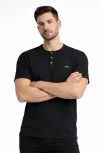 Erkek Waffle Dokulu Likralı Henley Yaka Düğmeli Regular Fit Kısa Kollu T-shirt - Siyah