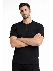 Erkek Waffle Dokulu Likralı Henley Yaka Düğmeli Regular Fit Kısa Kollu T-shirt - Siyah