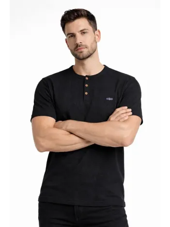 Erkek Waffle Dokulu Likralı Henley Yaka Düğmeli Regular Fit Kısa Kollu T-shirt - Siyah