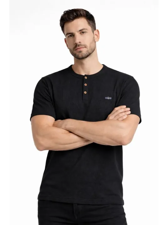 Erkek Waffle Dokulu Likralı Henley Yaka Düğmeli Regular Fit Kısa Kollu T-shirt - Siyah