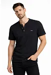 Erkek Waffle Dokulu Likralı Henley Yaka Düğmeli Regular Fit Kısa Kollu T-shirt - Siyah