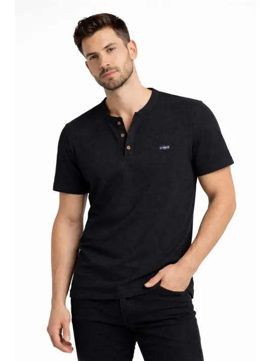 Erkek Waffle Dokulu Likralı Henley Yaka Düğmeli Regular Fit Kısa Kollu T-shirt - Siyah