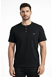 Erkek Waffle Dokulu Likralı Henley Yaka Düğmeli Regular Fit Kısa Kollu T-shirt - Siyah