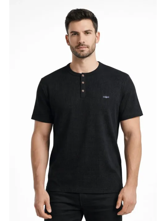 Erkek Waffle Dokulu Likralı Henley Yaka Düğmeli Regular Fit Kısa Kollu T-shirt - Siyah