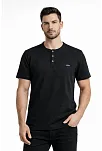 Erkek Waffle Dokulu Likralı Henley Yaka Düğmeli Regular Fit Kısa Kollu T-shirt - Siyah