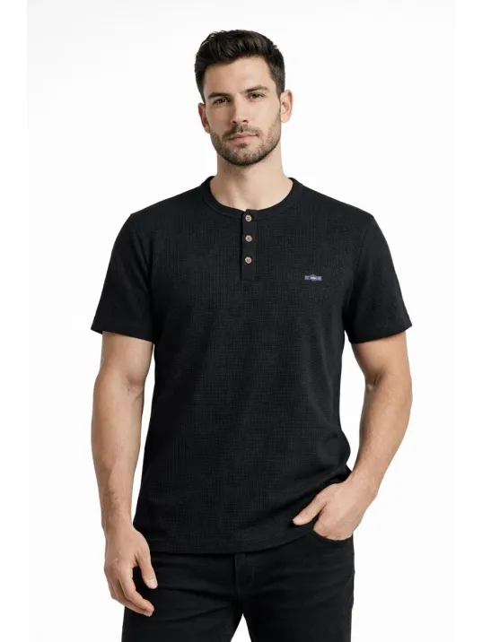 Erkek Waffle Dokulu Likralı Henley Yaka Düğmeli Regular Fit Kısa Kollu T-shirt - Siyah