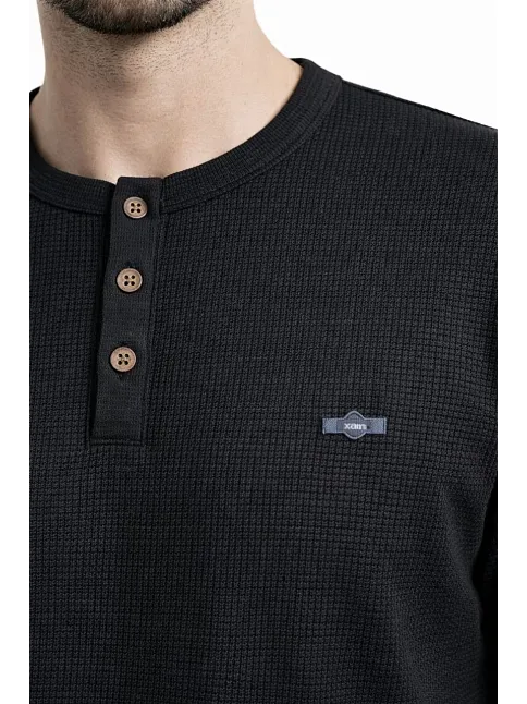 Erkek Waffle Dokulu Likralı Henley Yaka Düğmeli Regular Fit Kısa Kollu T-shirt - Siyah