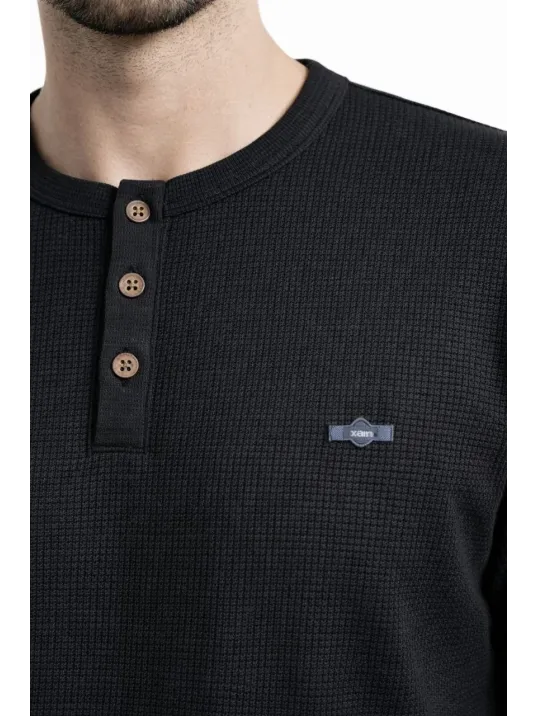 Erkek Waffle Dokulu Likralı Henley Yaka Düğmeli Regular Fit Kısa Kollu T-shirt - Siyah
