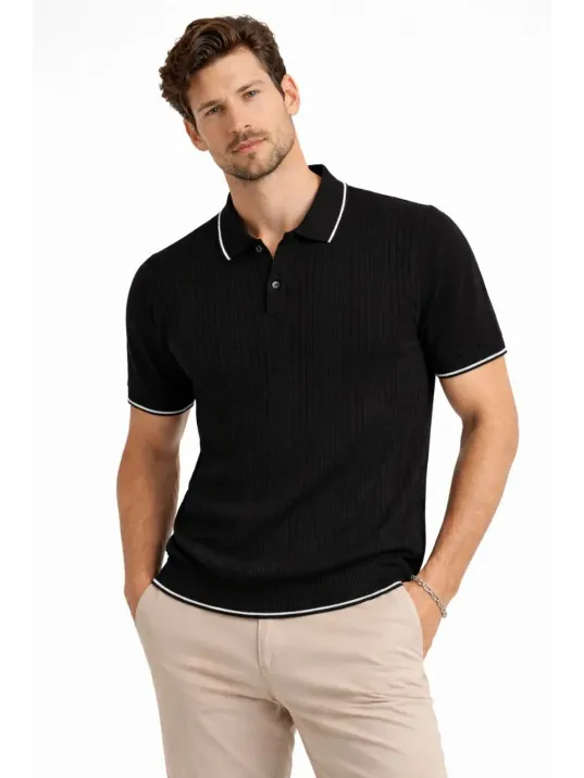 Erkek Düğmeli Yaka Triko Dokuma Tişört Desenli Yazlık  Şık Günlük Triko Tişört - Siyah