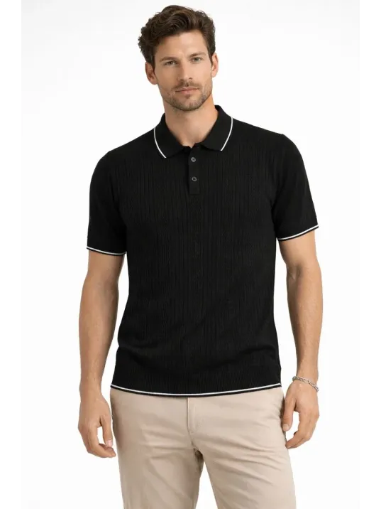 Erkek Düğmeli Yaka Triko Dokuma Tişört Desenli Yazlık  Şık Günlük Triko Tişört - Siyah