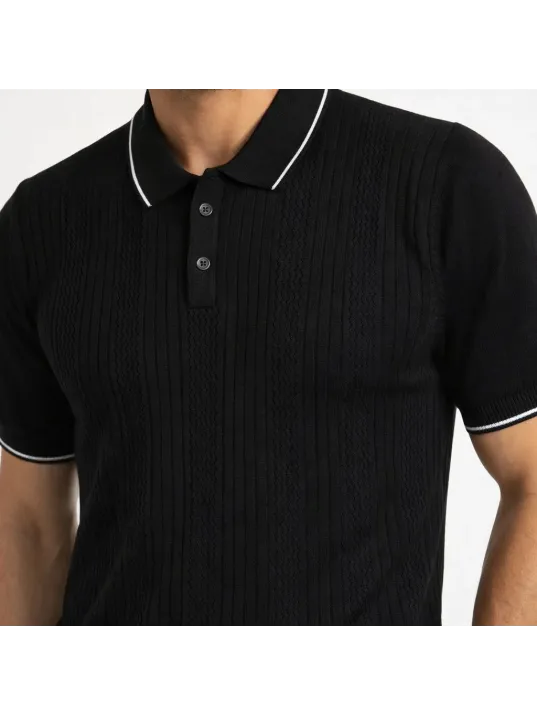 Erkek Düğmeli Yaka Triko Dokuma Tişört Desenli Yazlık  Şık Günlük Triko Tişört - Siyah