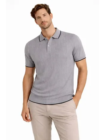 Erkek Düğmeli Yaka Triko Dokuma Tişört Desenli Yazlık Şık Günlük Triko Tişört - Gri