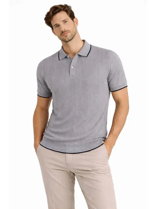 Erkek Düğmeli Yaka Triko Dokuma Tişört Desenli Yazlık Şık Günlük Triko Tişört - Gri