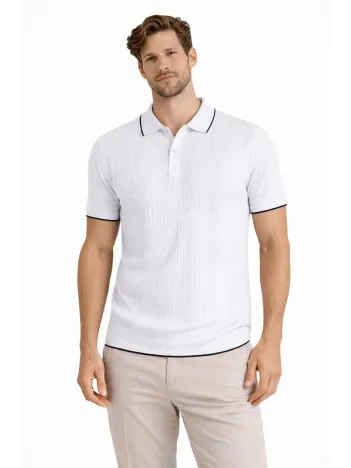 Erkek Düğmeli Yaka Triko Dokuma Tişört Desenli Yazlık Şık Günlük Triko Tişört - Beyaz Erkek Düğmeli Yaka Triko Dokuma Tişört Desenli Yazlık Şık Günlük Triko Tişört - Beyaz