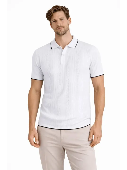 Erkek Düğmeli Yaka Triko Dokuma Tişört Desenli Yazlık Şık Günlük Triko Tişört - Beyaz