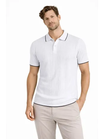 Erkek Düğmeli Yaka Triko Dokuma Tişört Desenli Yazlık Şık Günlük Triko Tişört - Beyaz