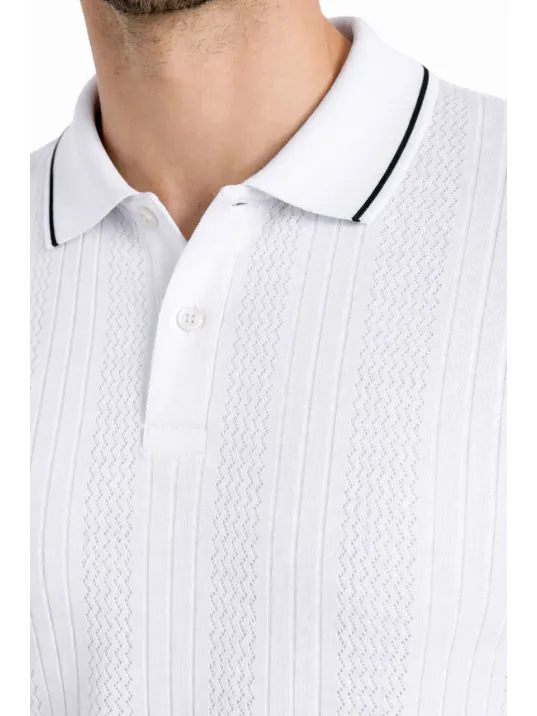 Erkek Düğmeli Yaka Triko Dokuma Tişört Desenli Yazlık Şık Günlük Triko Tişört - Beyaz