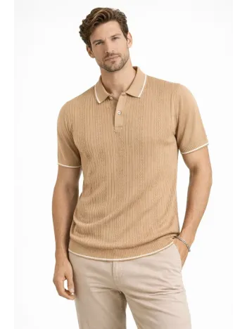 Erkek Düğmeli Yaka Triko Dokuma Tişört Desenli Yazlık Şık Günlük Triko Tişört - Kahverengi