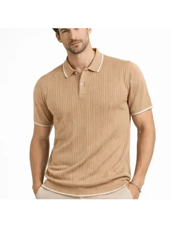Erkek Düğmeli Yaka Triko Dokuma Tişört Desenli Yazlık Şık Günlük Triko Tişört - Kahverengi Erkek Düğmeli Yaka Triko Dokuma Tişört Desenli Yazlık Şık Günlük Triko Tişört - Kahverengi