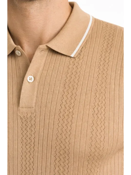 Erkek Düğmeli Yaka Triko Dokuma Tişört Desenli Yazlık Şık Günlük Triko Tişört - Kahverengi