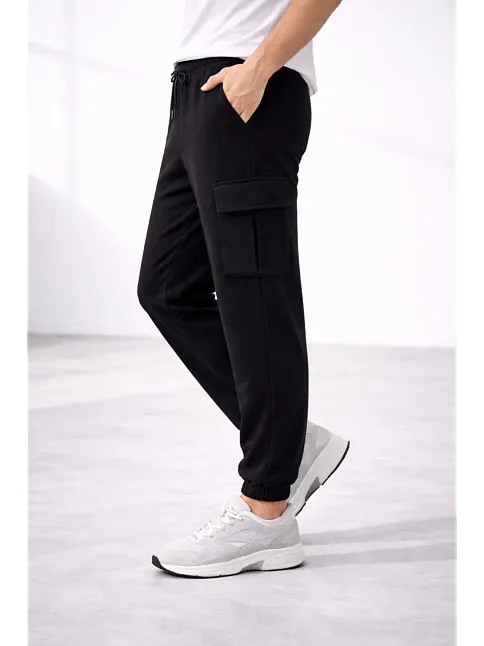 Erkek Jogger Eşofman Altı Regular Fit , Kargo Cepli, Lastikli Paça, Günlük Spor Pantolon - Siyah