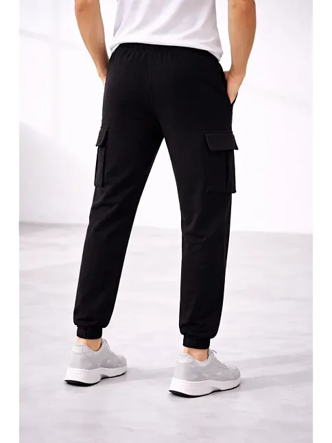 Erkek Jogger Eşofman Altı Regular Fit , Kargo Cepli, Lastikli Paça, Günlük Spor Pantolon - Siyah