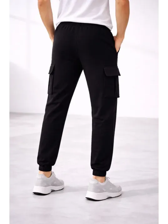 Erkek Jogger Eşofman Altı Regular Fit , Kargo Cepli, Lastikli Paça, Günlük Spor Pantolon - Siyah