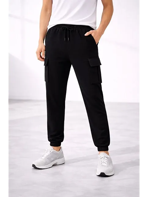 Erkek Jogger Eşofman Altı Regular Fit , Kargo Cepli, Lastikli Paça, Günlük Spor Pantolon - Siyah