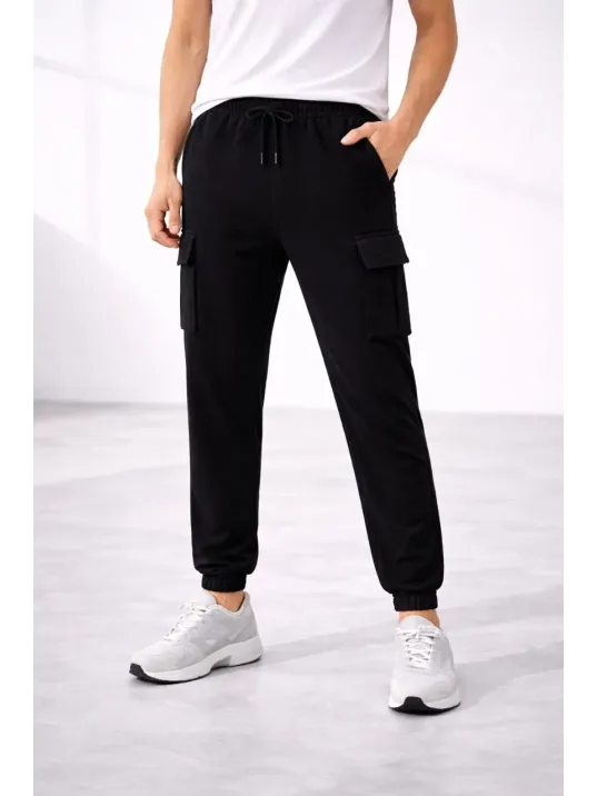 Erkek Jogger Eşofman Altı Regular Fit , Kargo Cepli, Lastikli Paça, Günlük Spor Pantolon - Siyah