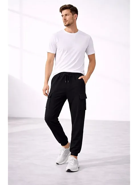 Erkek Jogger Eşofman Altı Regular Fit , Kargo Cepli, Lastikli Paça, Günlük Spor Pantolon - Siyah