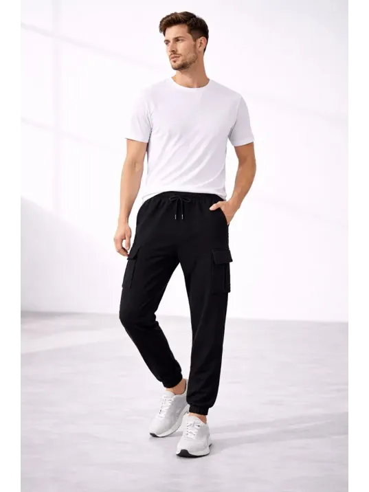 Erkek Jogger Eşofman Altı Regular Fit , Kargo Cepli, Lastikli Paça, Günlük Spor Pantolon - Siyah