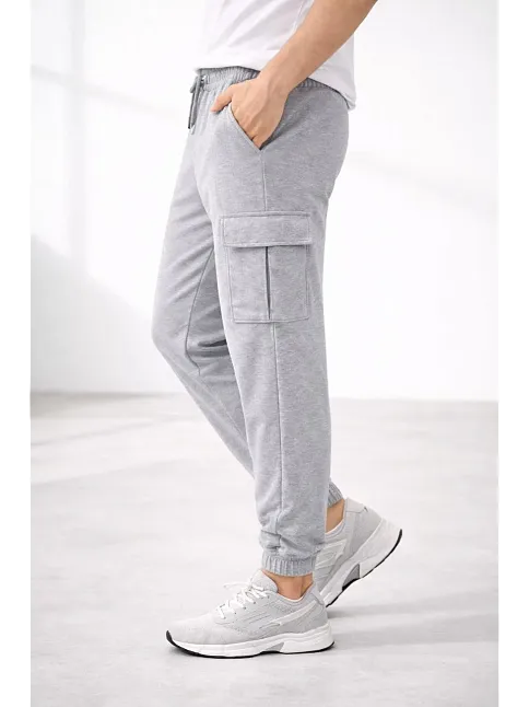 Erkek Jogger Eşofman Altı Regular Fit , Kargo Cepli, Lastikli Paça, Günlük Spor Pantolon - Gri