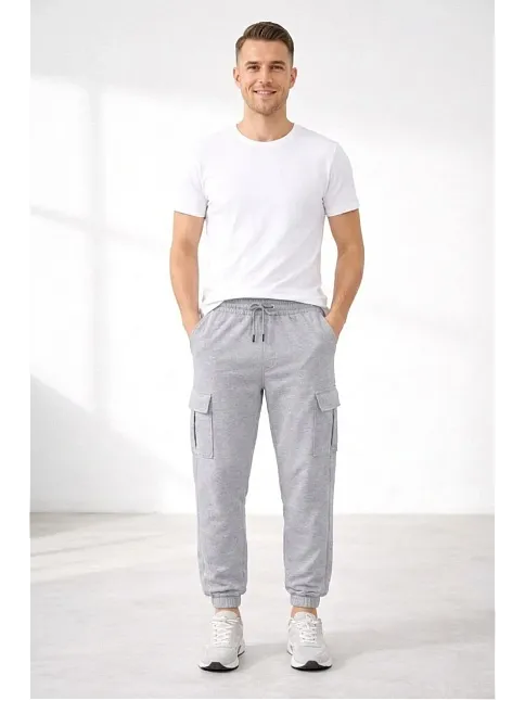 Erkek Jogger Eşofman Altı Regular Fit , Kargo Cepli, Lastikli Paça, Günlük Spor Pantolon - Gri