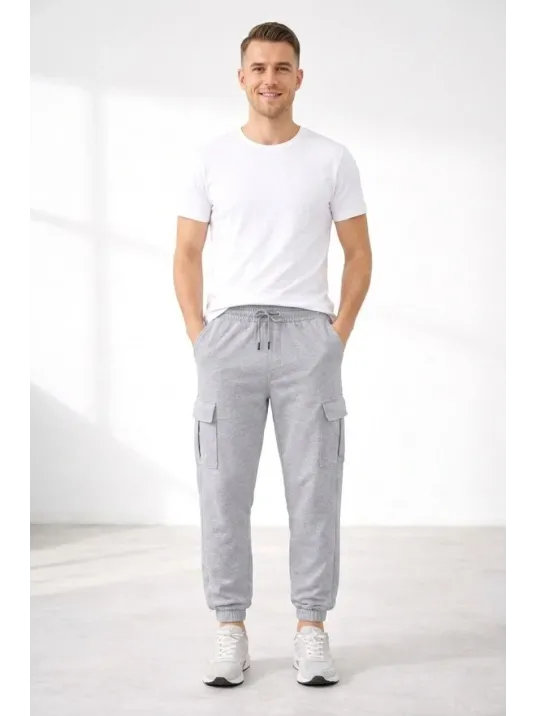 Erkek Jogger Eşofman Altı Regular Fit , Kargo Cepli, Lastikli Paça, Günlük Spor Pantolon - Gri