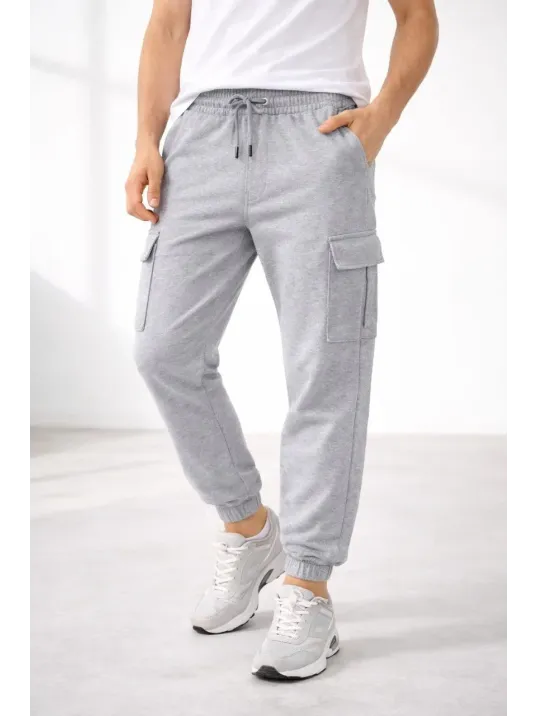 Erkek Jogger Eşofman Altı Regular Fit , Kargo Cepli, Lastikli Paça, Günlük Spor Pantolon - Gri