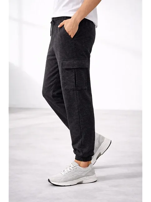 Erkek Jogger Eşofman Altı Regular Fit , Kargo Cepli, Lastikli Paça, Günlük Spor Pantolon - Füme