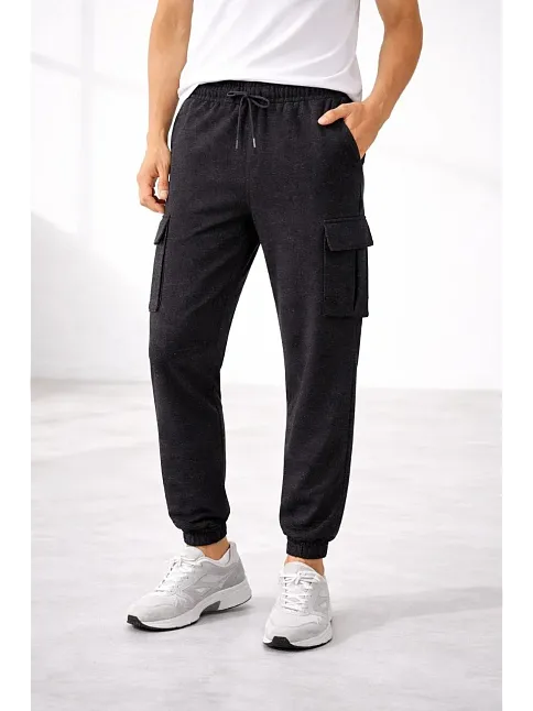Erkek Jogger Eşofman Altı Regular Fit , Kargo Cepli, Lastikli Paça, Günlük Spor Pantolon - Füme