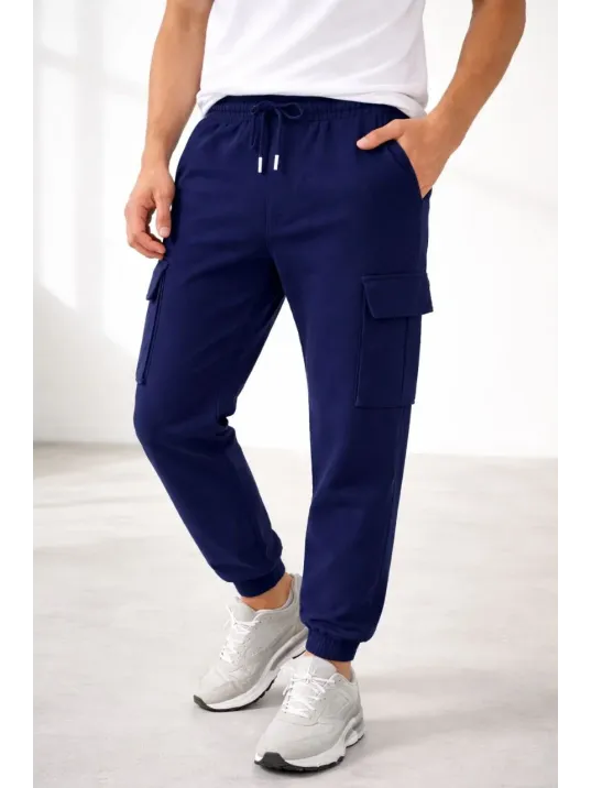 Erkek Jogger Eşofman Altı Regular Fit , Kargo Cepli, Lastikli Paça, Günlük Spor Pantolon - Lacivert