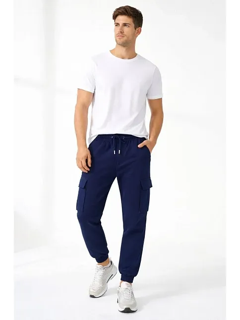 Erkek Jogger Eşofman Altı Regular Fit , Kargo Cepli, Lastikli Paça, Günlük Spor Pantolon - Lacivert