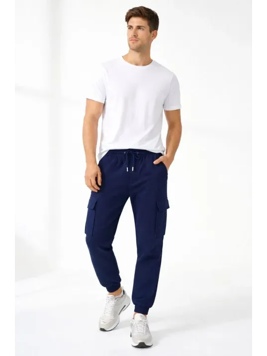 Erkek Jogger Eşofman Altı Regular Fit , Kargo Cepli, Lastikli Paça, Günlük Spor Pantolon - Lacivert