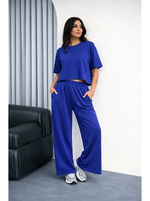 Osy Modal Yumuşak Dokulu Kadın Oversize İkili Takım Bol Paça Pantolonlu Günlük Takım - Saks Mavisi