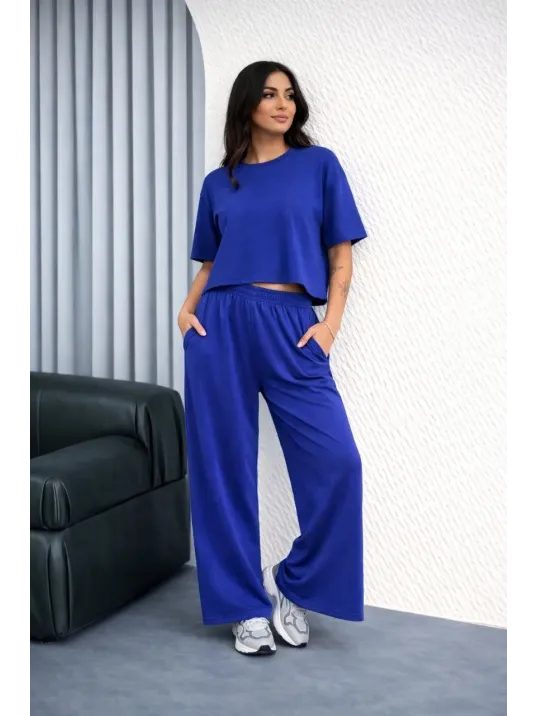 Osy Modal Yumuşak Dokulu Kadın Oversize İkili Takım Bol Paça Pantolonlu Günlük Takım - Saks Mavisi