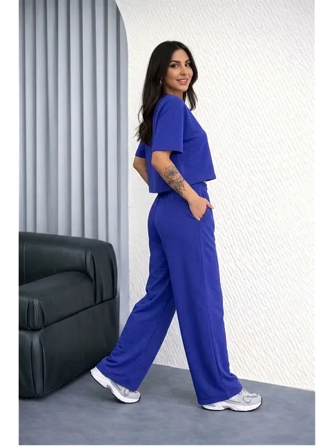 Osy Modal Yumuşak Dokulu Kadın Oversize İkili Takım Bol Paça Pantolonlu Günlük Takım - Saks Mavisi